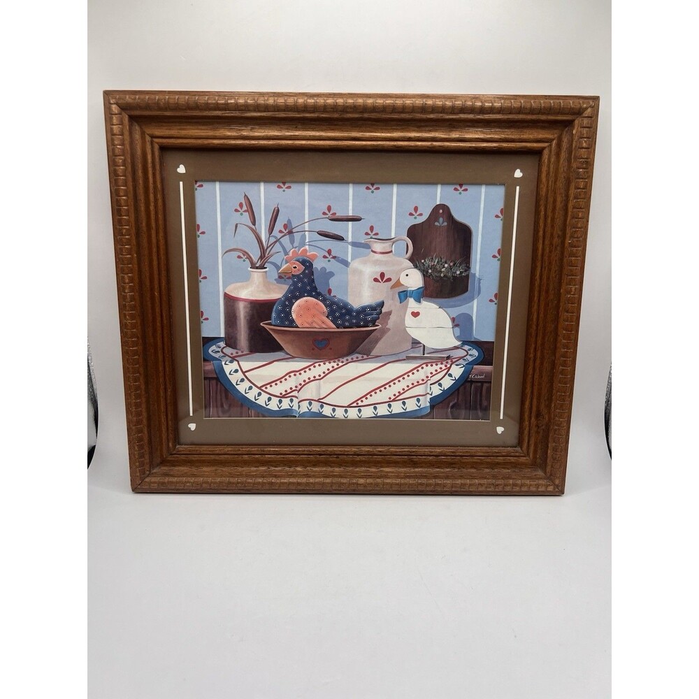 Vintage T.C Wood Signed Framed Country Folk Art Chicken Goose Kitchen 15x13